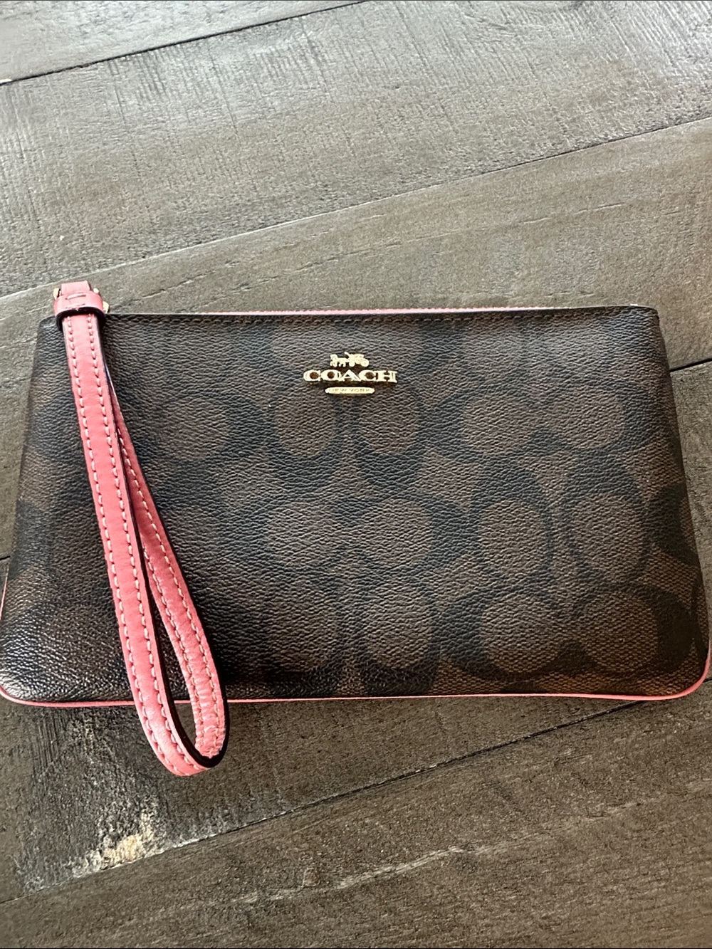 Coach Brown Signature Wristlet with Pink Trim